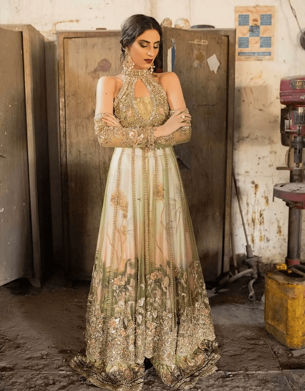 Pakistani Parrot Green Embellished Silk Pishwas (1-Pc) - Image 1