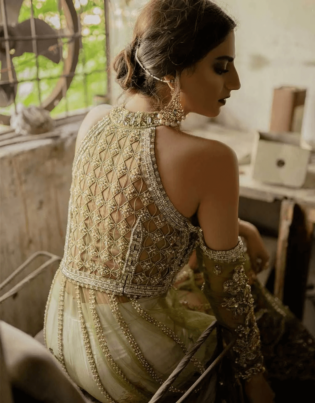 Pakistani Parrot Green Embellished Silk Pishwas (1-Pc) - Image 4