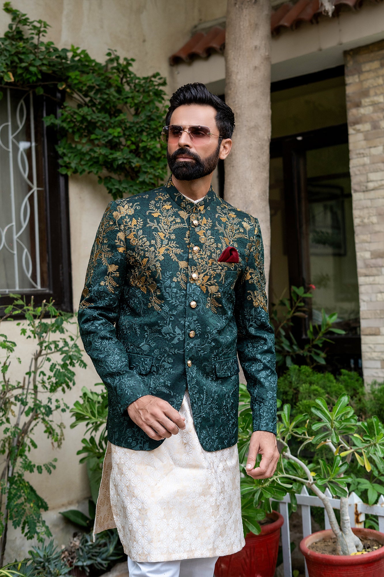 Emerald Green Brocade Prince Coat (3-Piece) - Image 1