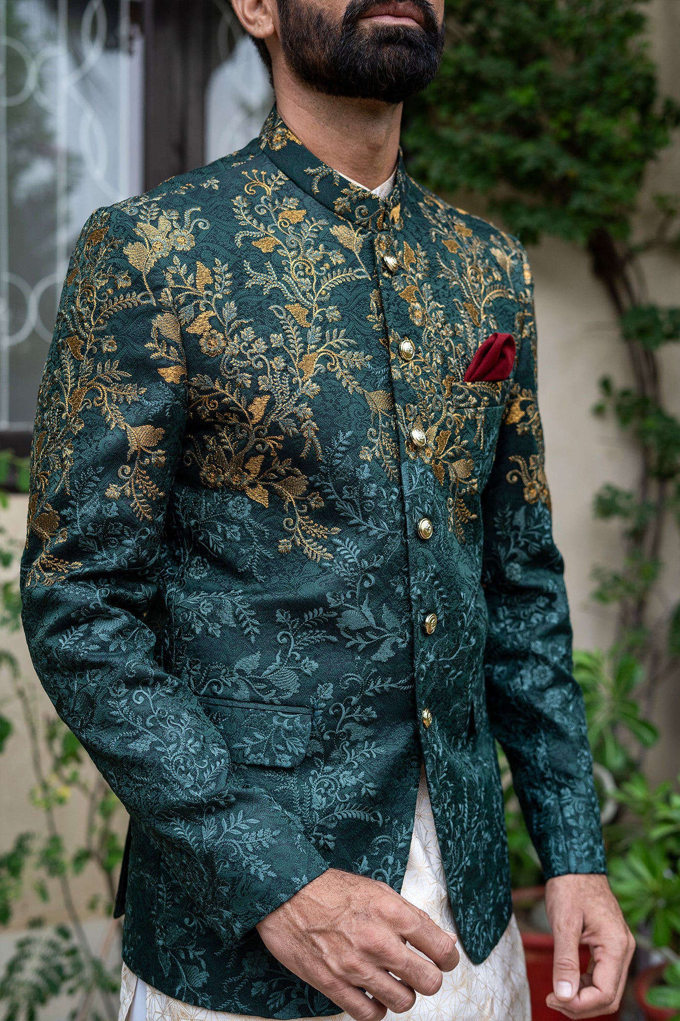Emerald Green Brocade Prince Coat (3-Piece) - Image 2
