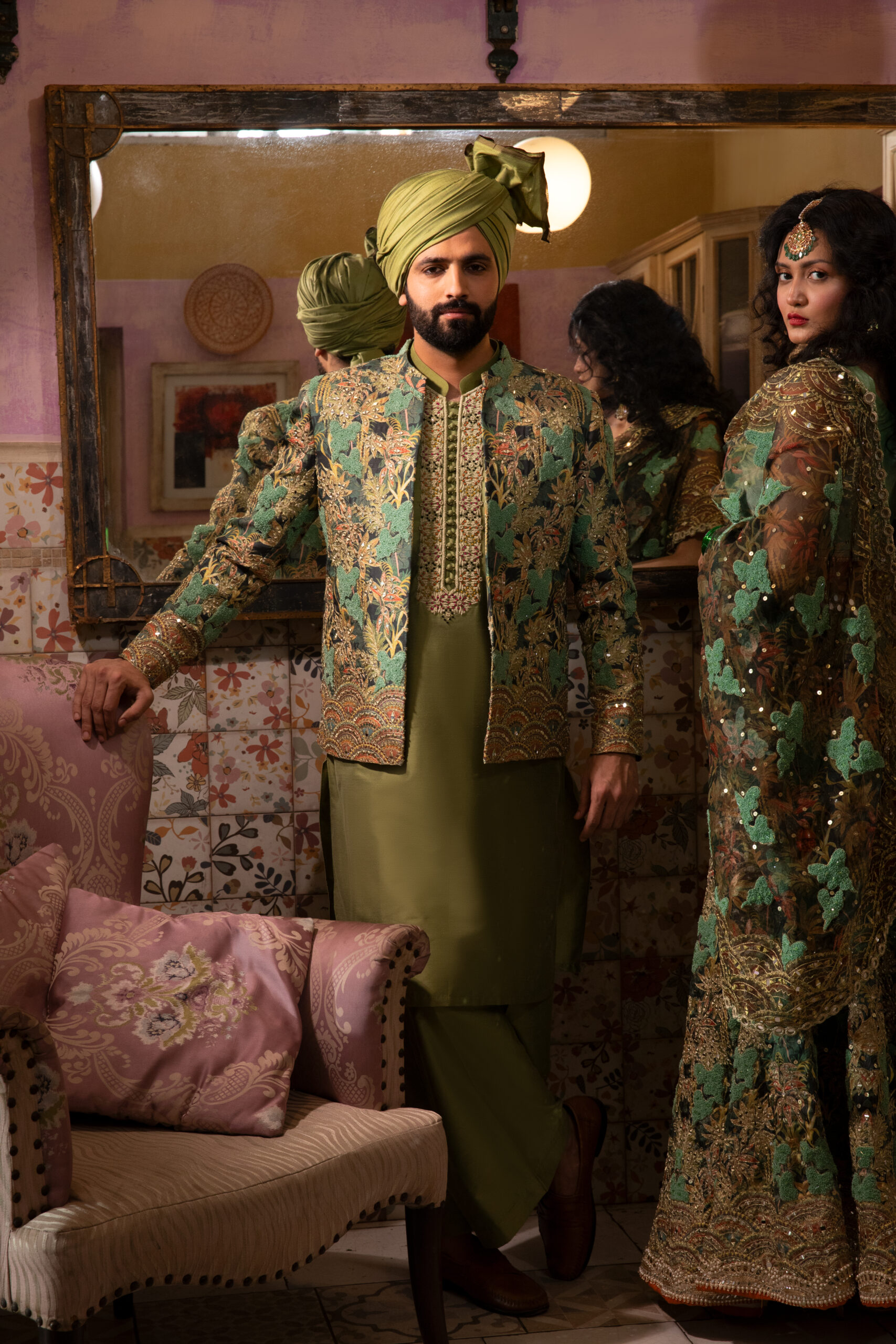 Sage Green Mirror Work Digitally Printed Prince Coat (3-Piece) - Image 1