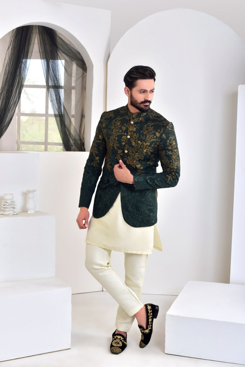 Green Self-Jamawar Prince Coat with Copper Embroidery (1-Pc) - Image 1