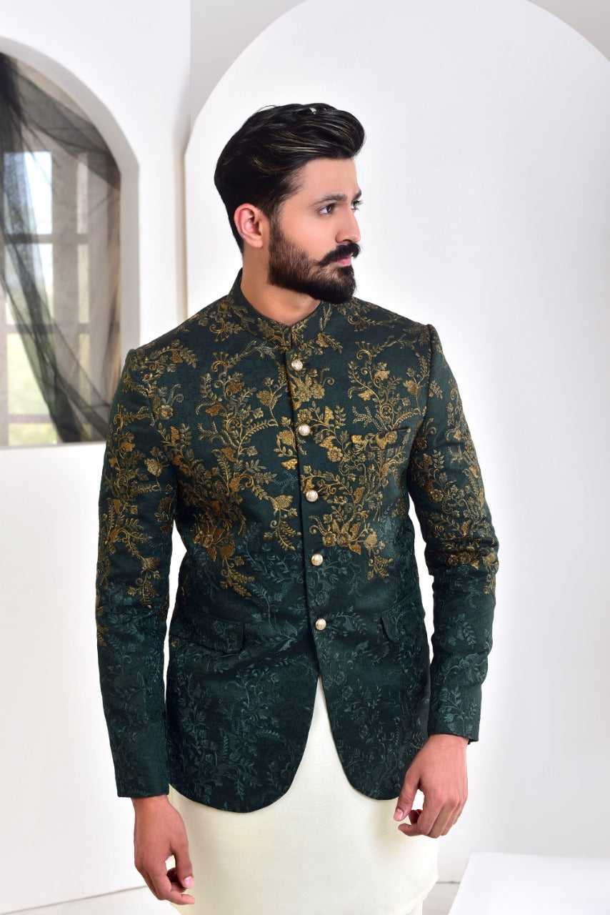 Green Self-Jamawar Prince Coat with Copper Embroidery (1-Pc) - Image 2