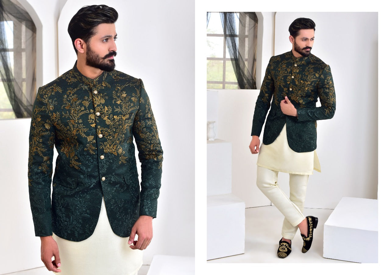 Green Self-Jamawar Prince Coat with Copper Embroidery (1-Pc) - Image 3