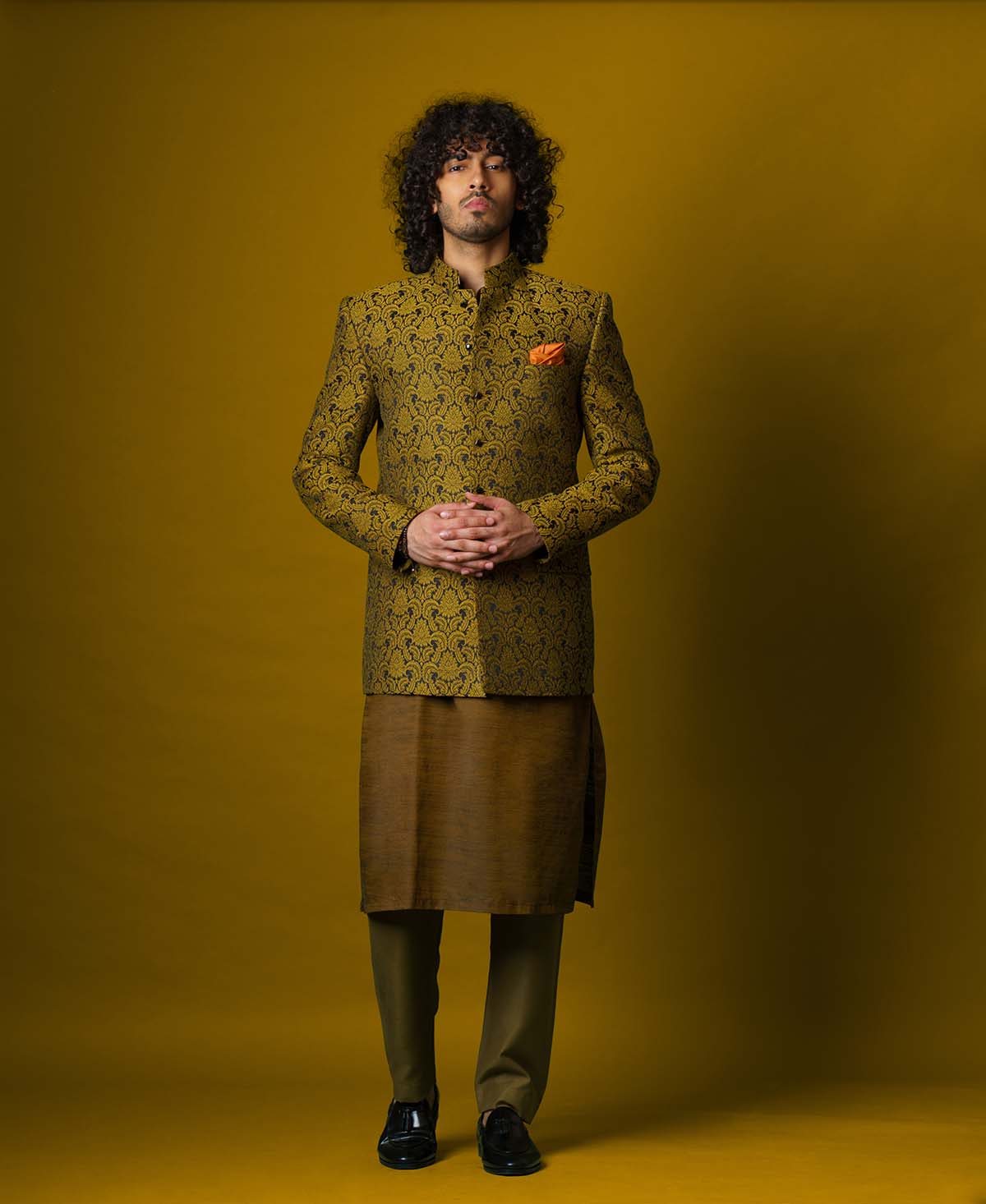 Army Green Jacquard Jamawar Prince Coat (3-Piece) - Image 1