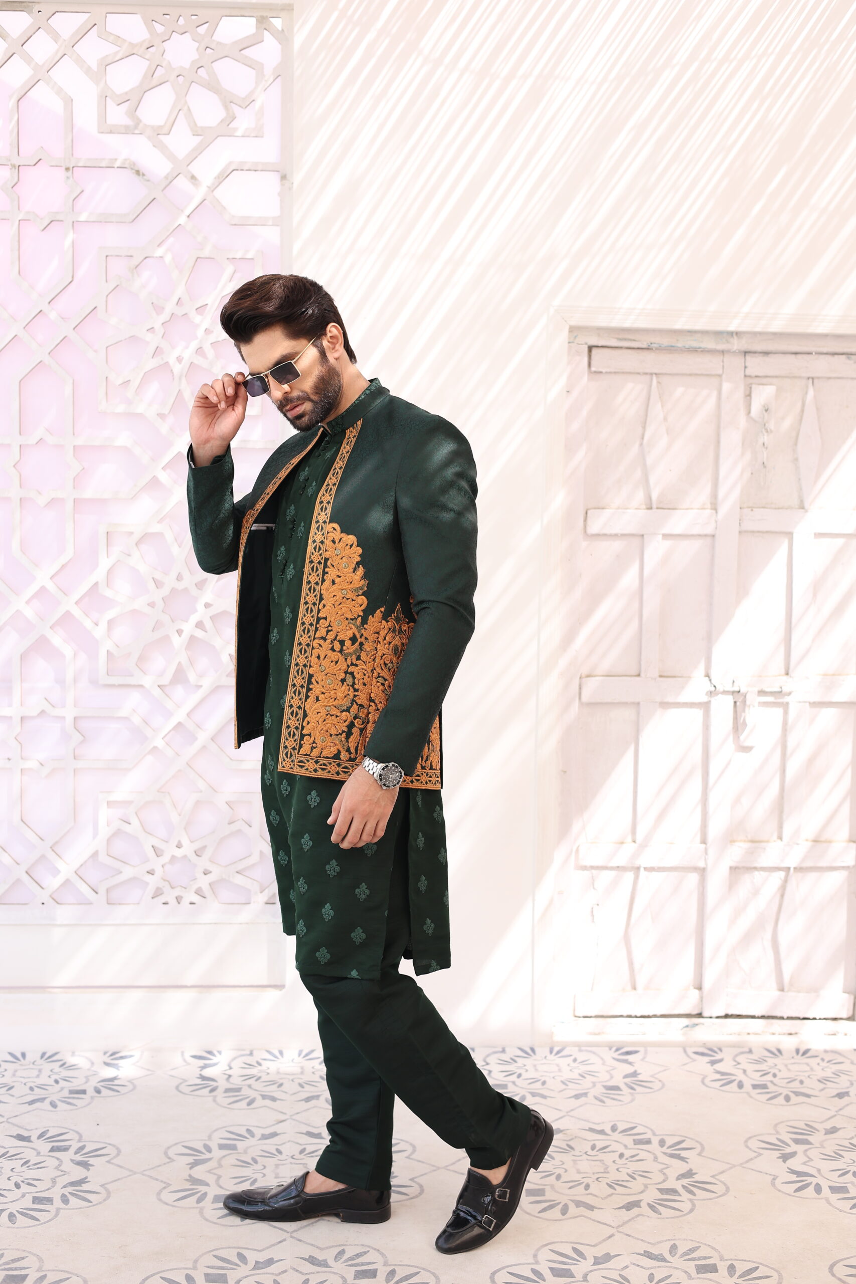 Deep Green Embroidered Raw Silk Prince Coat (3-Piece) - Image 3