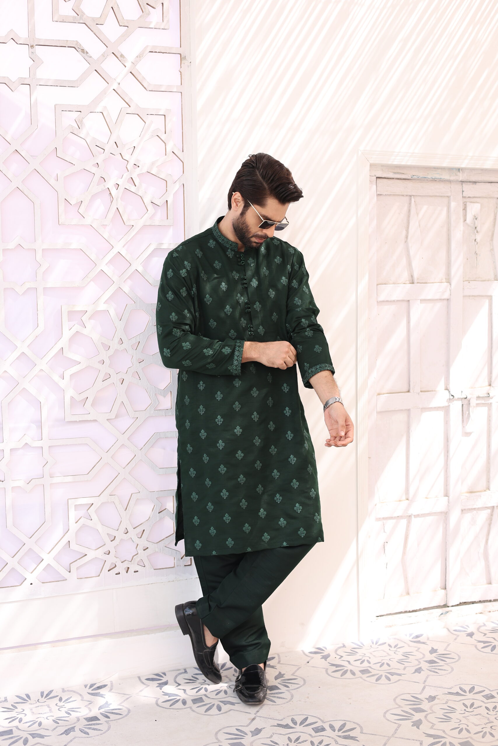 Deep Green Embroidered Raw Silk Prince Coat (3-Piece) - Image 5