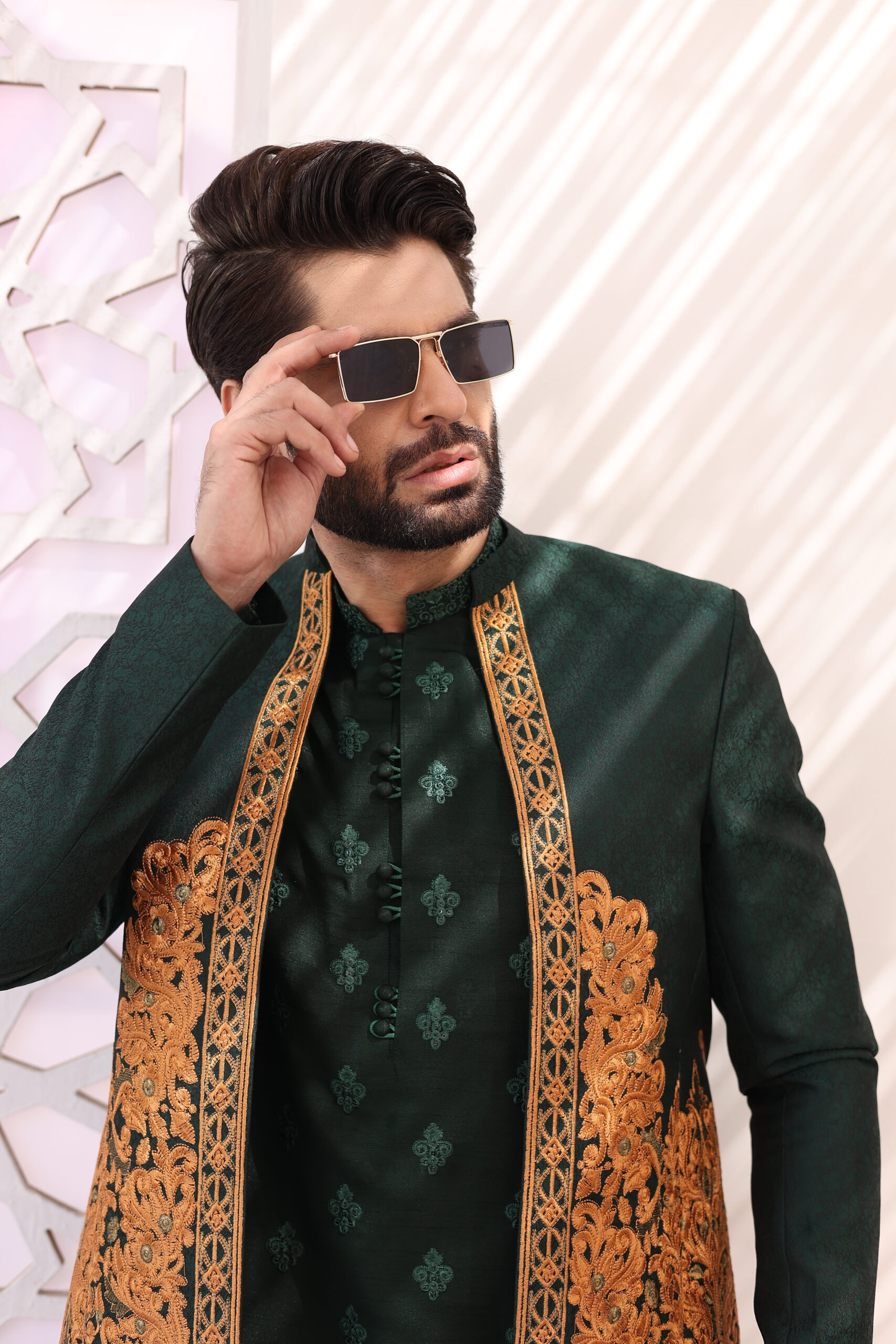 Deep Green Embroidered Raw Silk Prince Coat (3-Piece) - Image 9