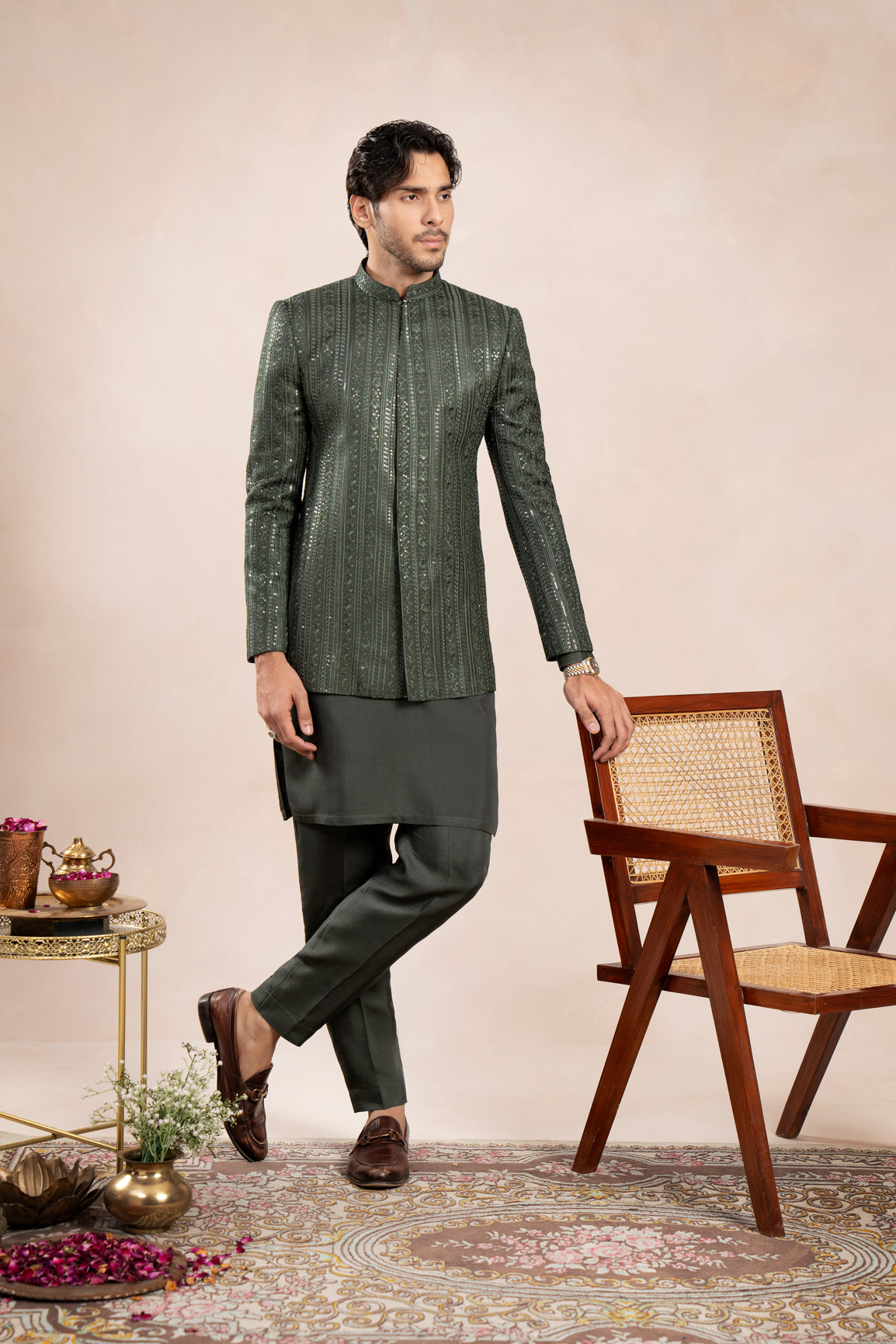 Olive Green Embroidered Raw Silk Prince Coat (3-Piece) - Image 1