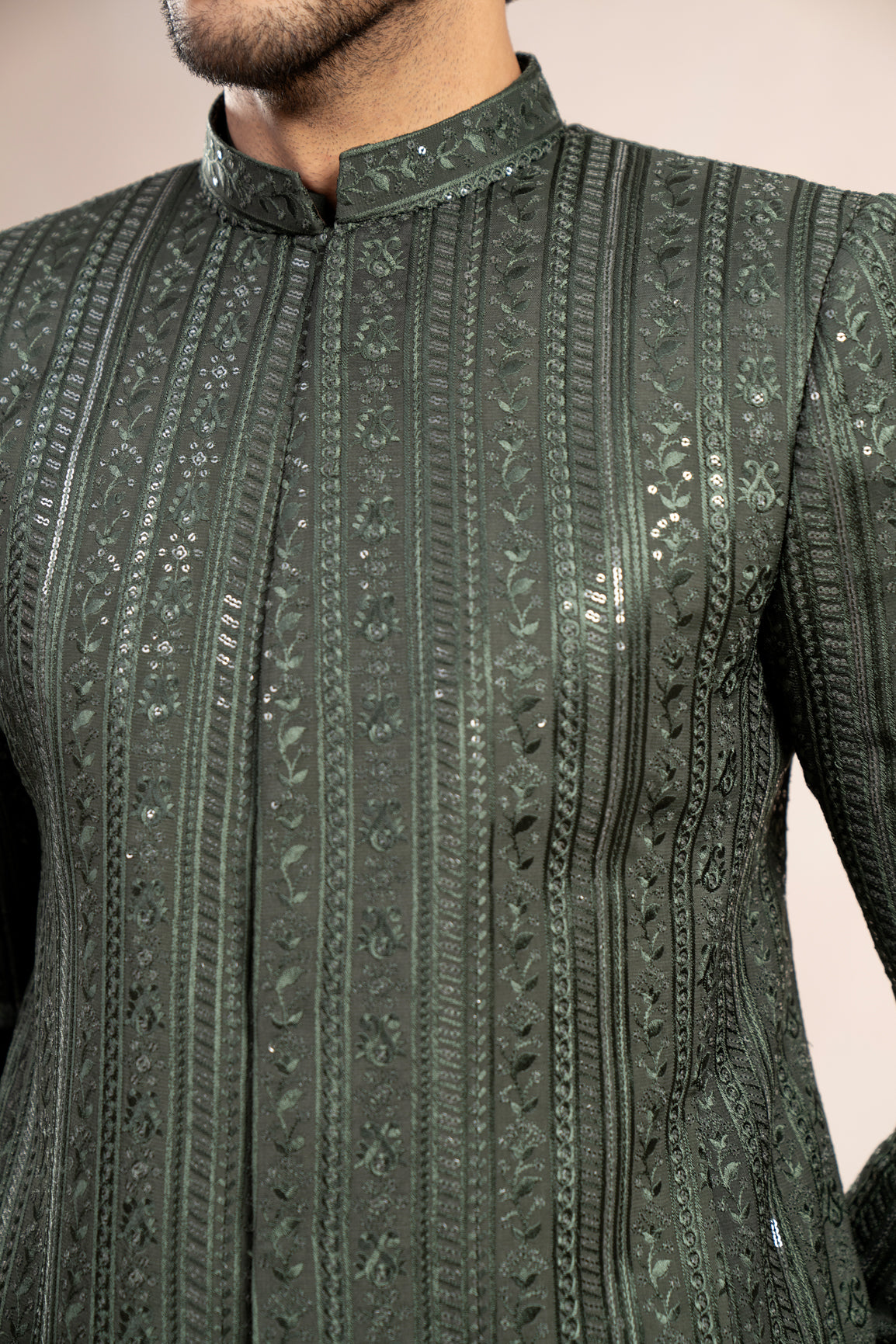 Olive Green Embroidered Raw Silk Prince Coat (3-Piece) - Image 8