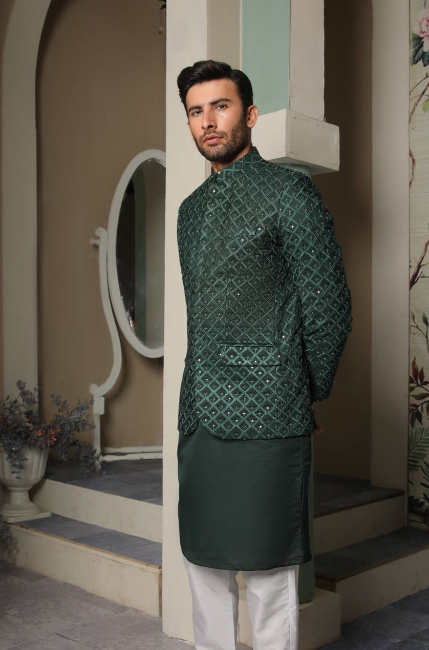 Dark Green Sequin Embroidered Raw Silk Prince Coat (3-Piece) - Image 1