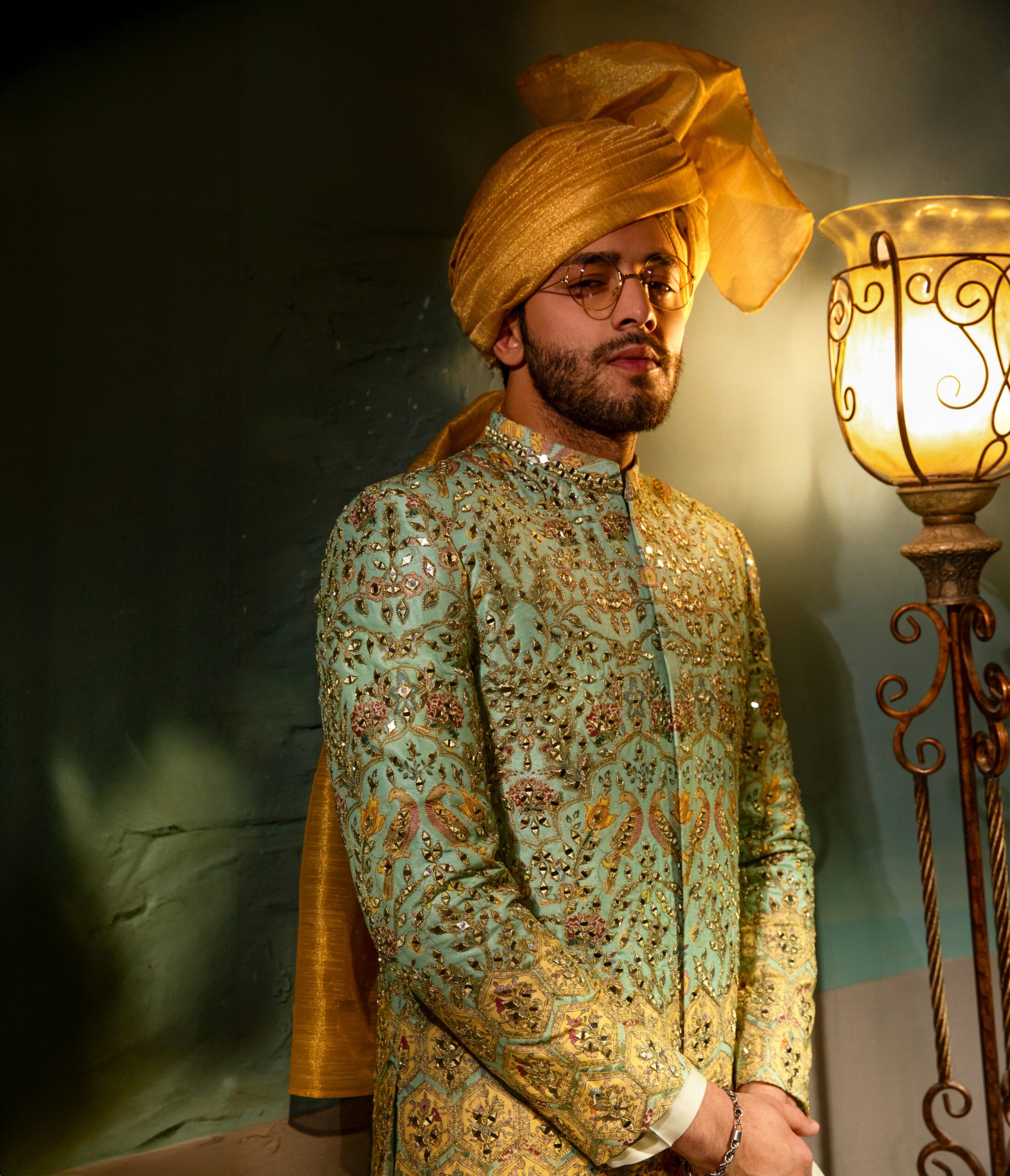 Mint Green Mirror-Embroidered Silk-Blend Prince Coat (3-Piece) - Image 1