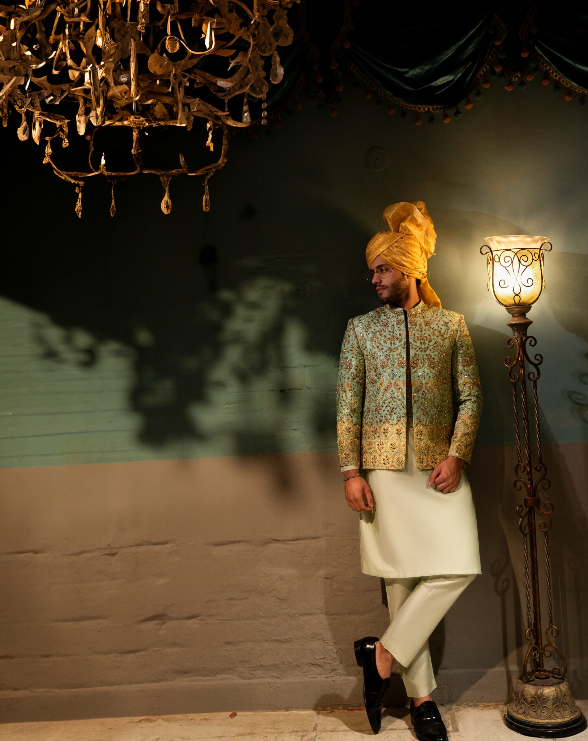 Mint Green Mirror-Embroidered Silk-Blend Prince Coat (3-Piece) - Image 2