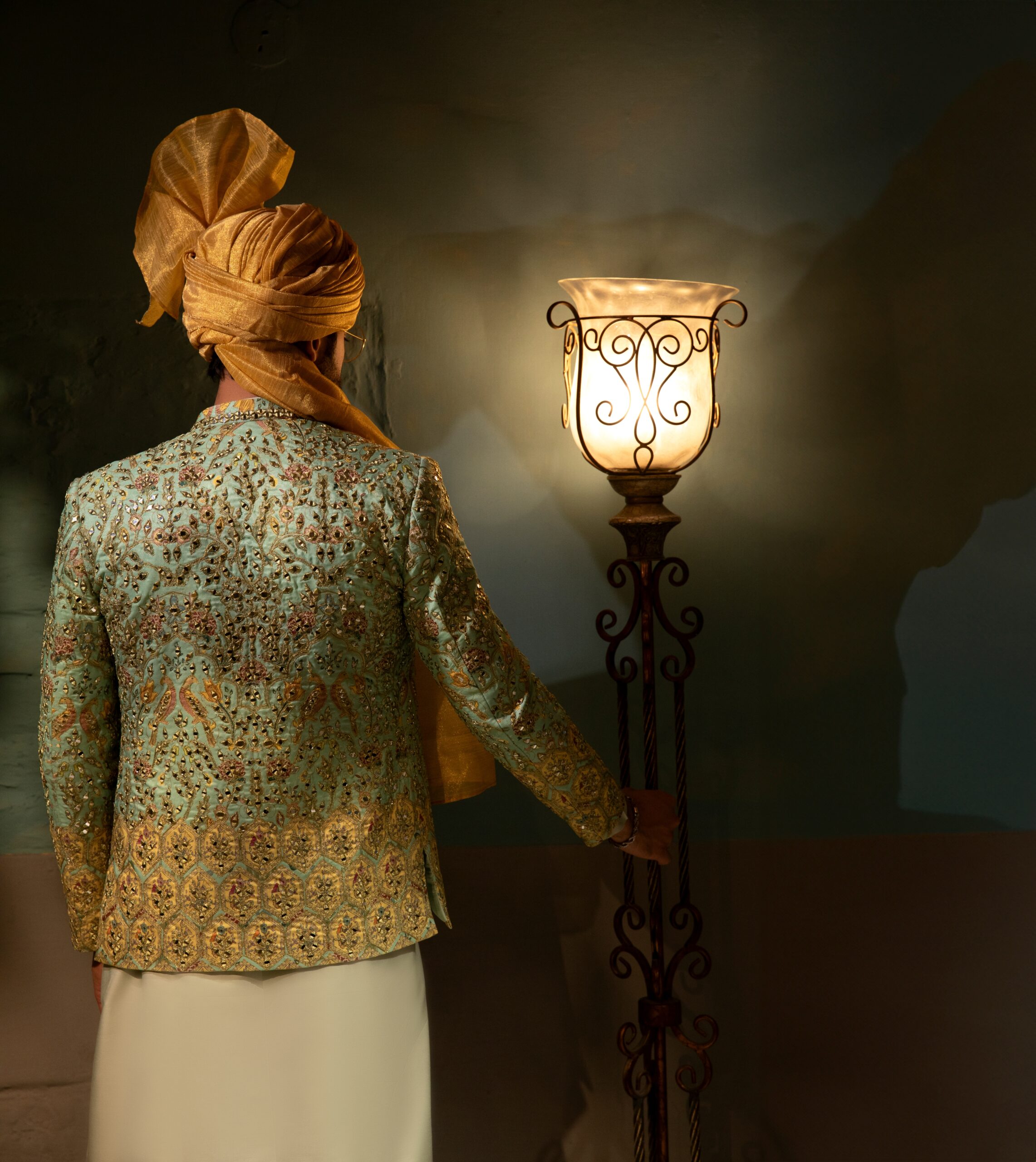 Mint Green Mirror-Embroidered Silk-Blend Prince Coat (3-Piece) - Image 4