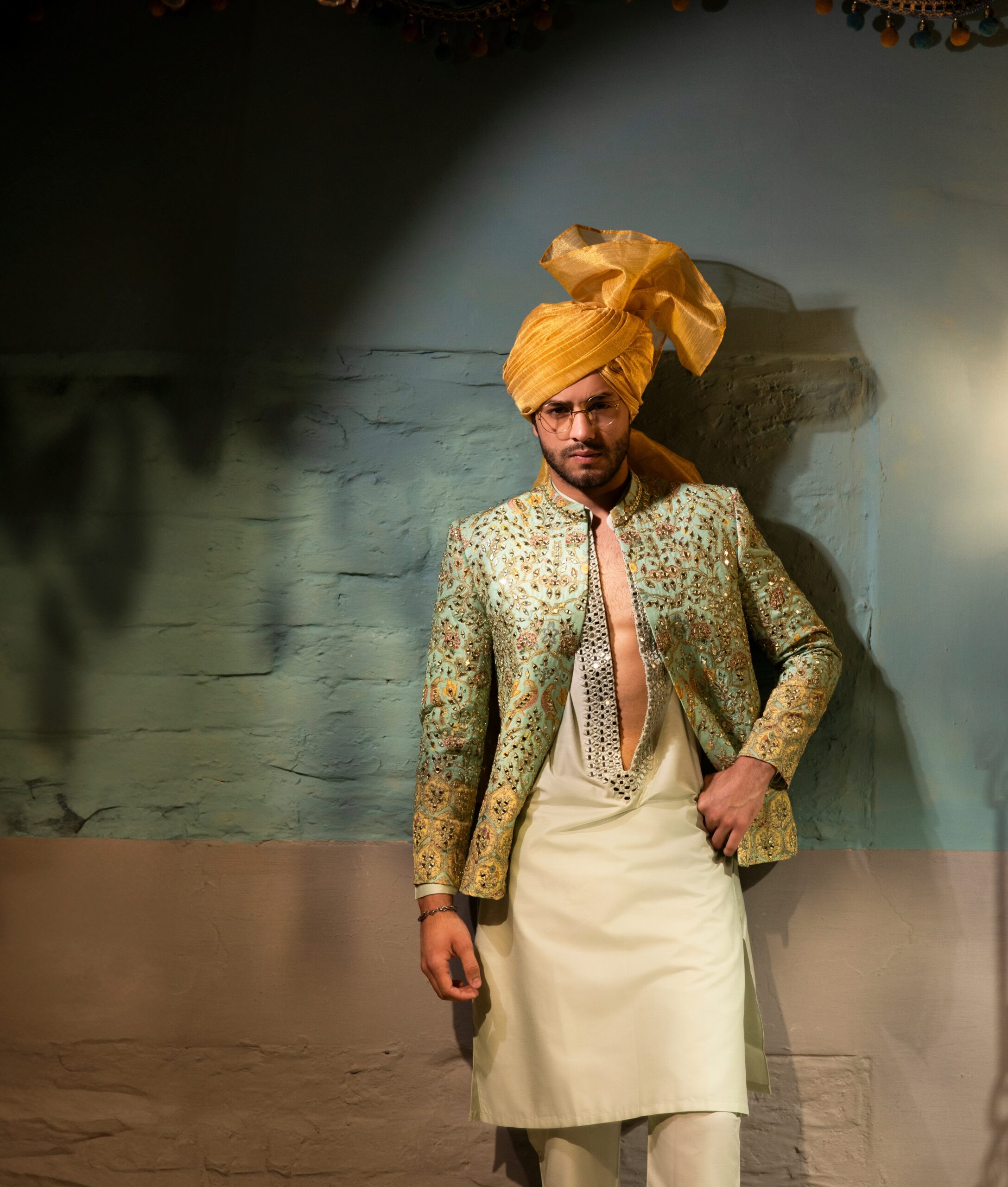 Mint Green Mirror-Embroidered Silk-Blend Prince Coat (3-Piece) - Image 5