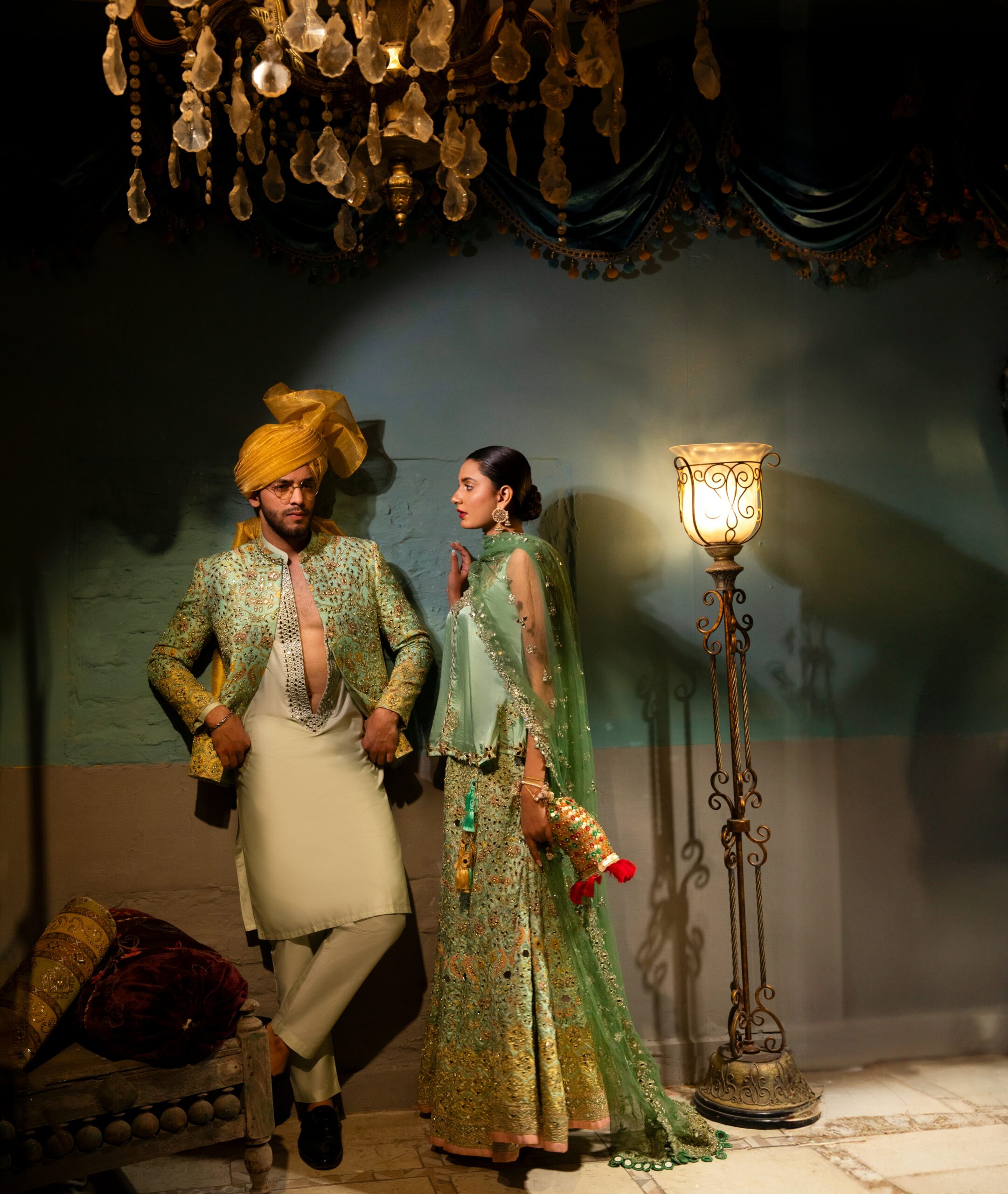 Mint Green Mirror-Embroidered Silk-Blend Prince Coat (3-Piece) - Image 6