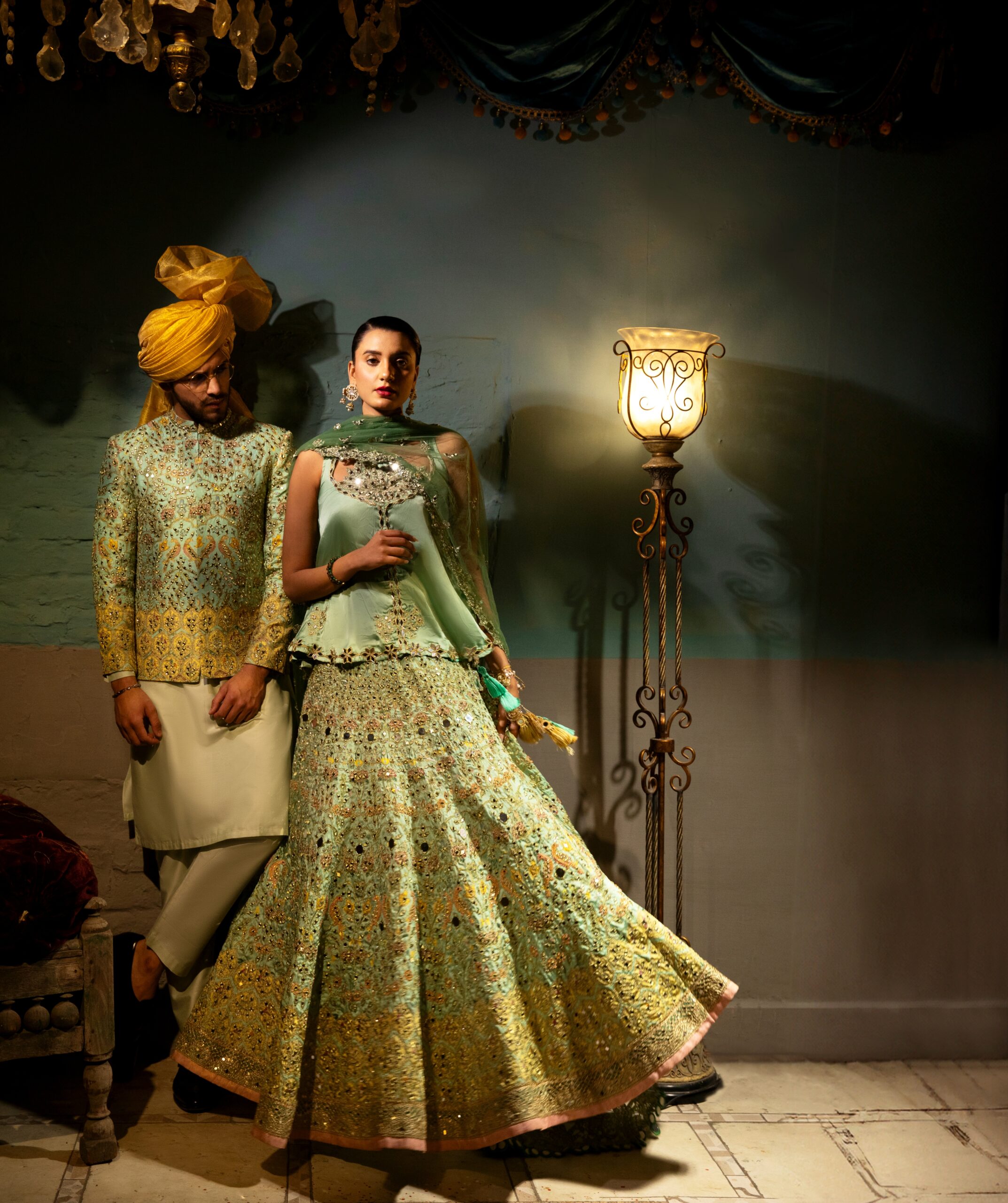 Mint Green Mirror-Embroidered Silk-Blend Prince Coat (3-Piece) - Image 7