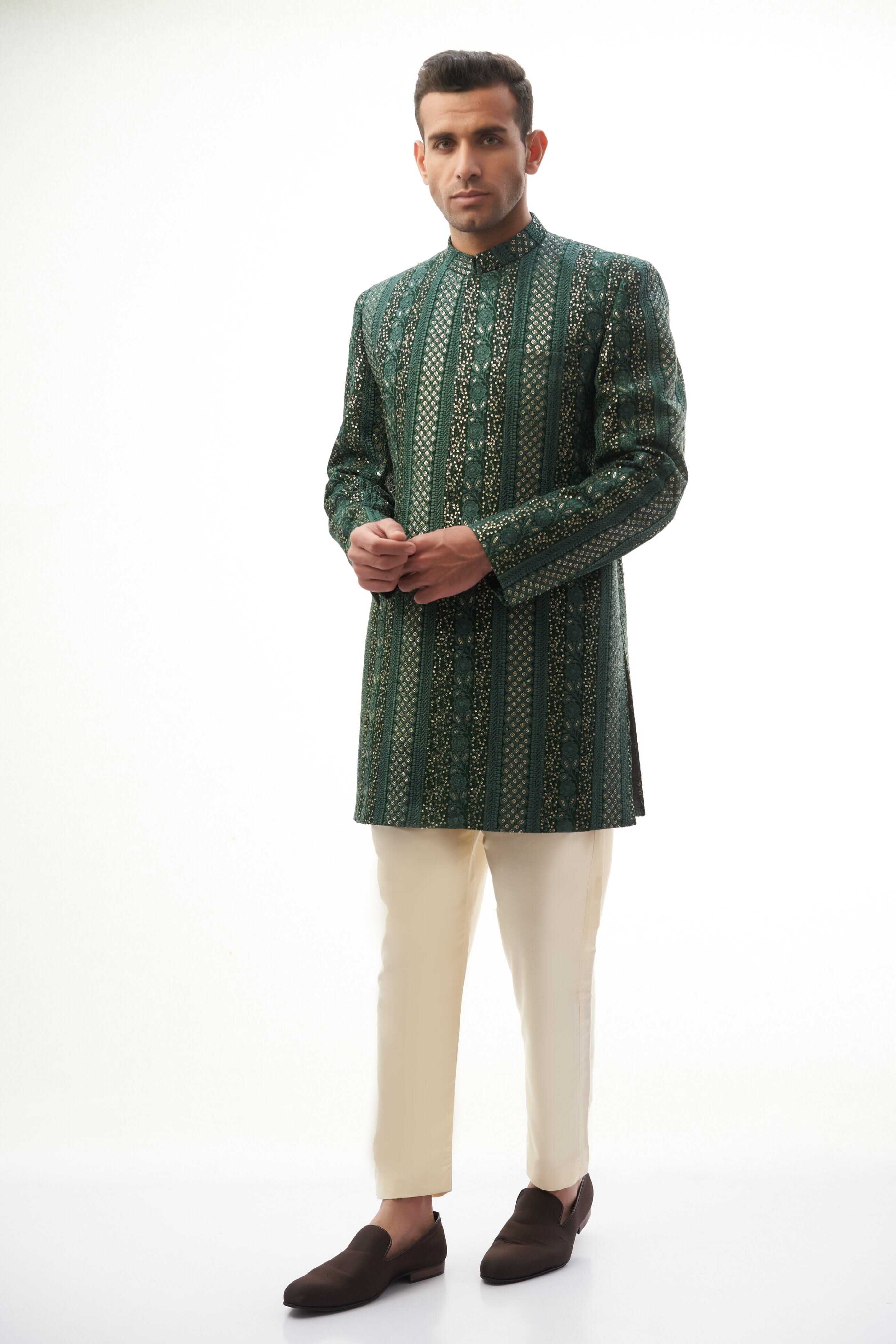 Emerald Green Embroidered Silk-Blend Prince Coat (2-Piece) - Image 1