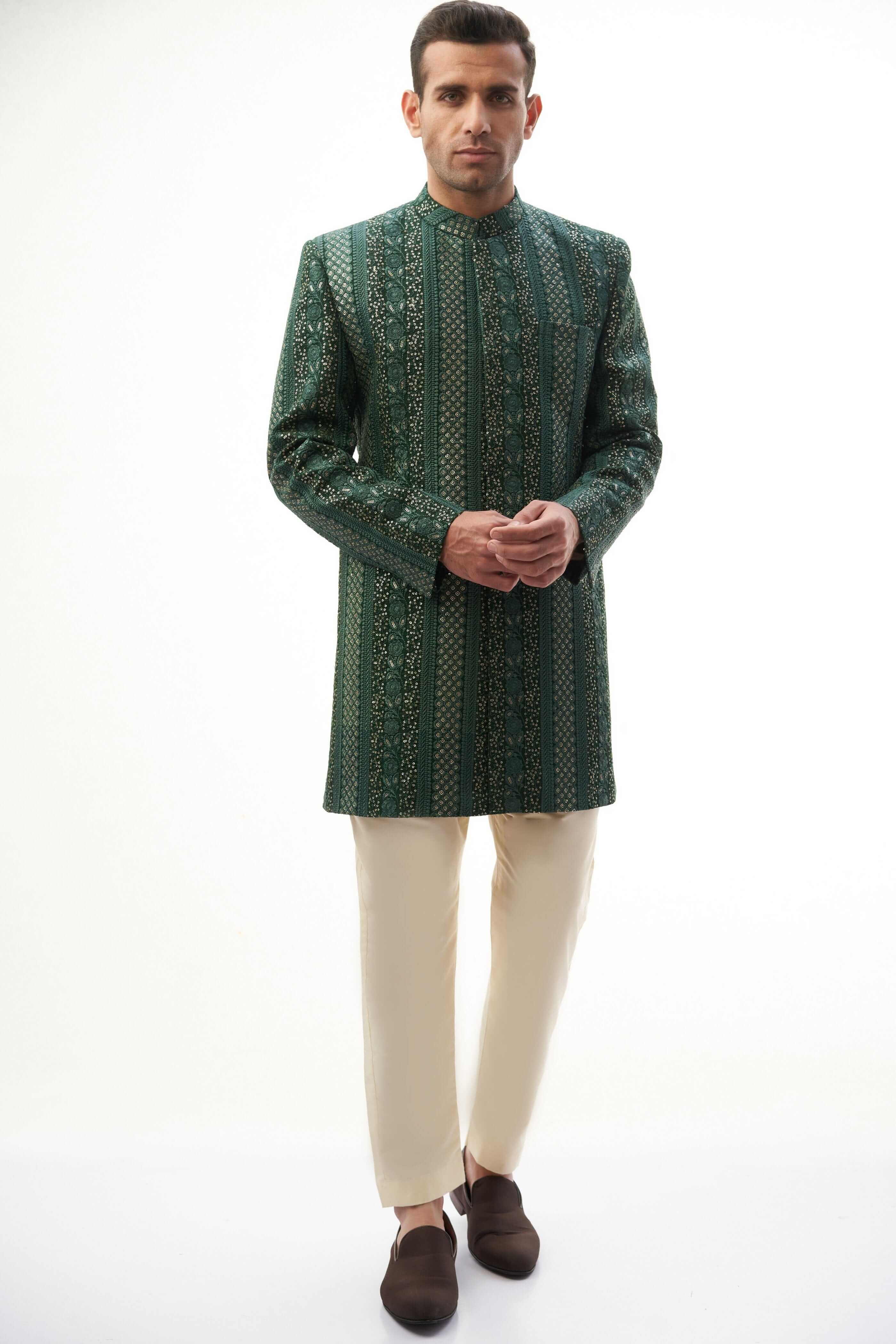 Emerald Green Embroidered Silk-Blend Prince Coat (2-Piece) - Image 2