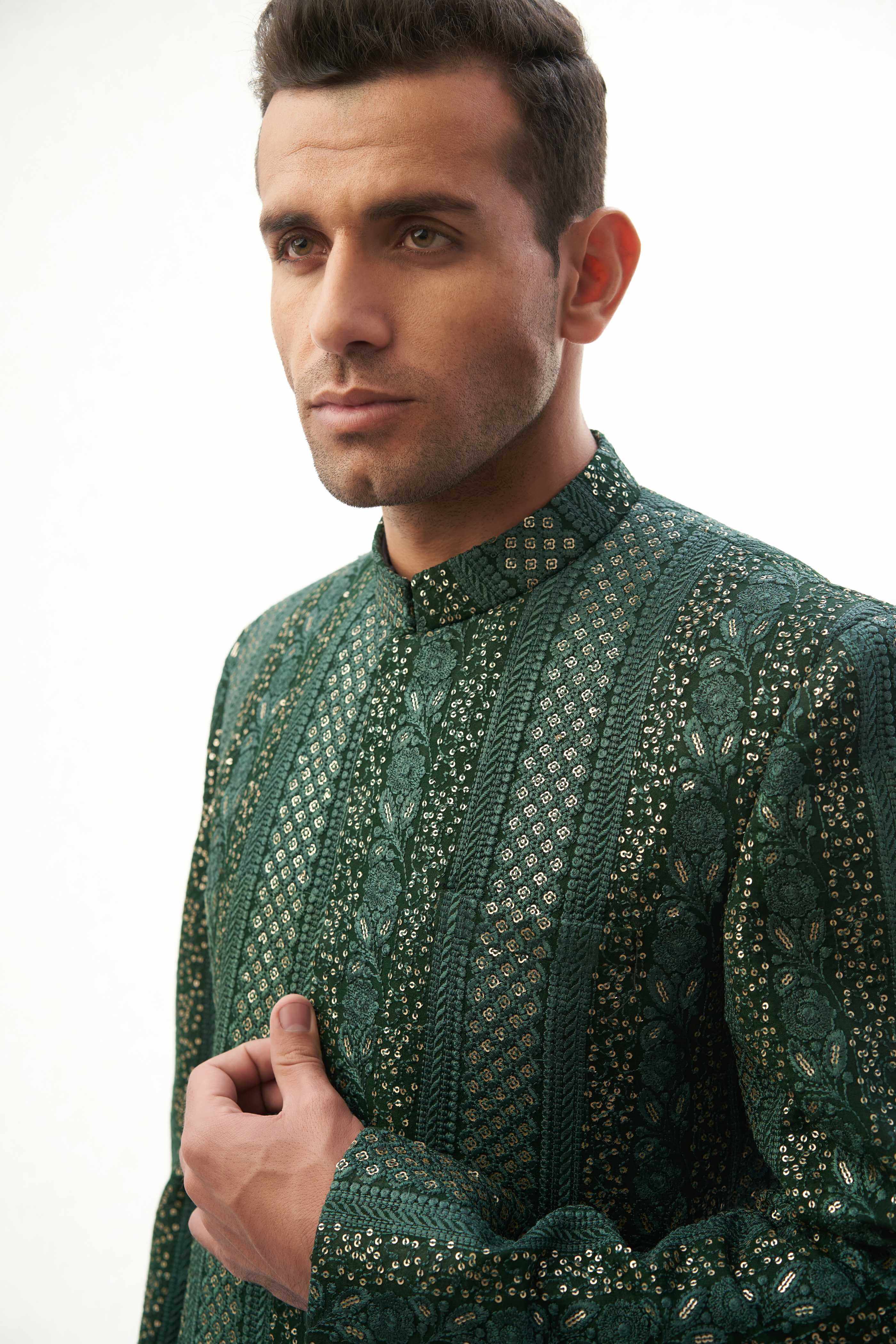 Emerald Green Embroidered Silk-Blend Prince Coat (2-Piece) - Image 3