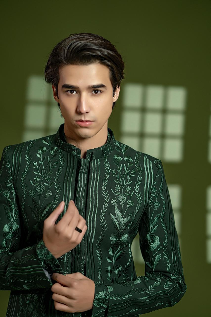 Rich Green Embroidered Wash & Wear Prince Coat (3-Piece) - Image 3