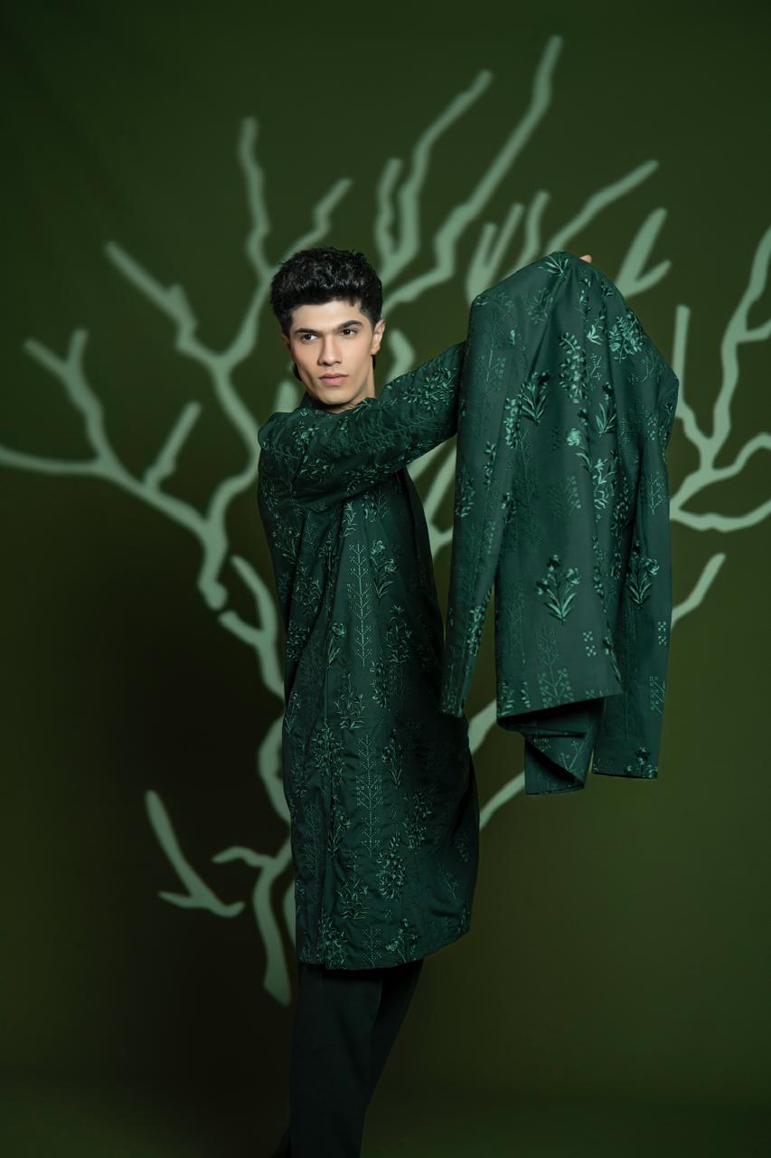 Deep Green Embroidered Wash & Wear Prince Coat (3-Piece) - Image 2