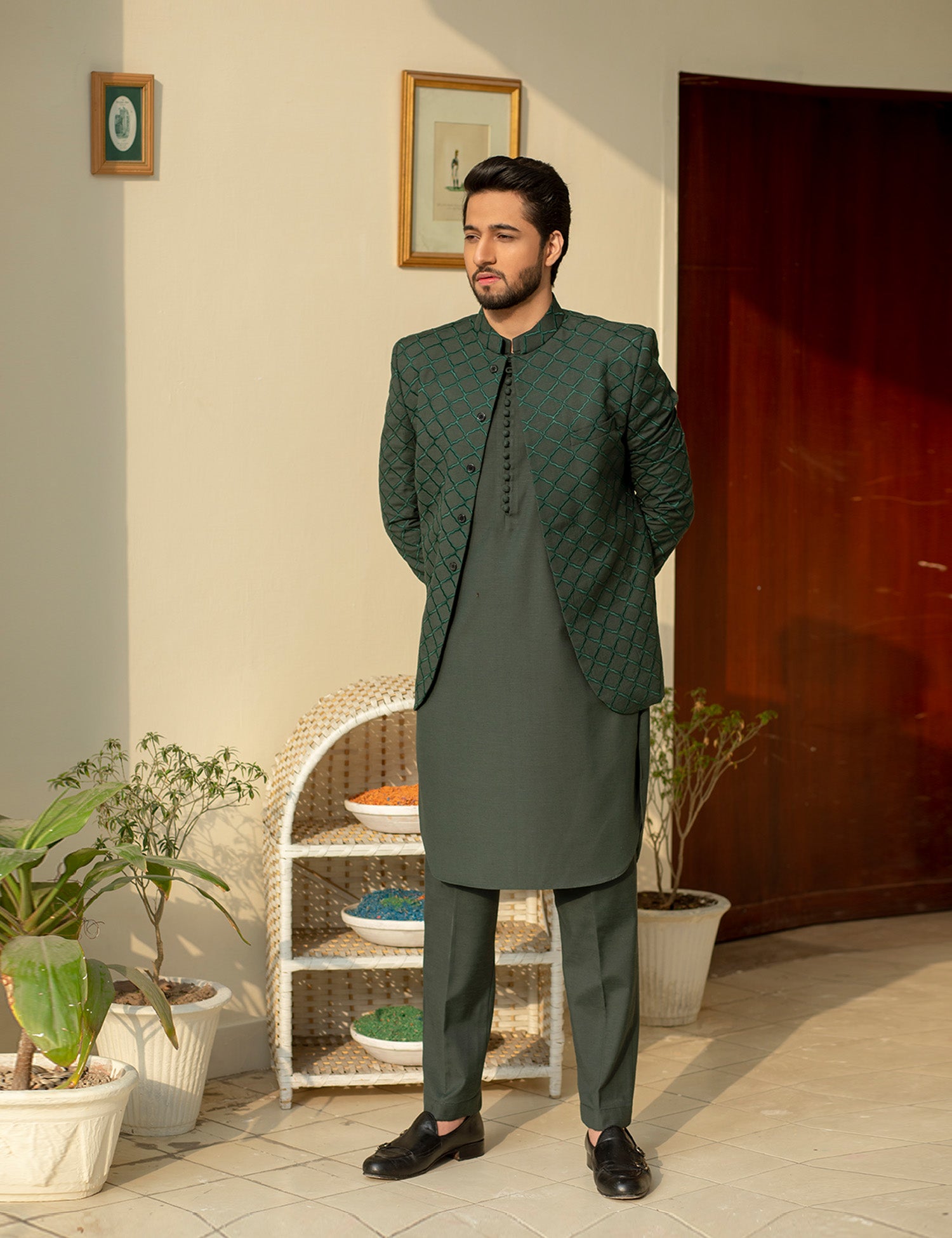 Deep Green Embroidered Wash & Wear Prince Coat (3-Piece) - Image 2