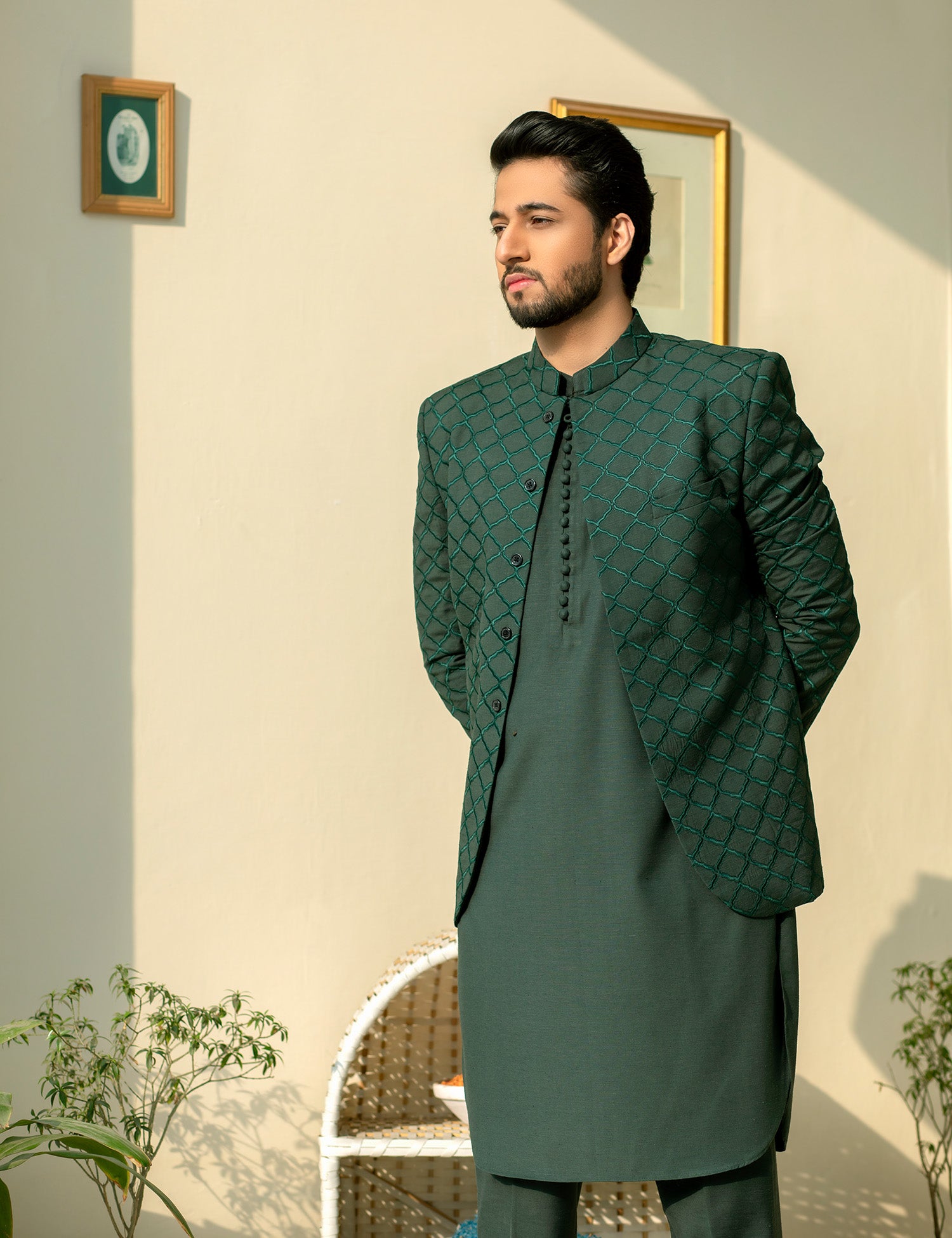 Deep Green Embroidered Wash & Wear Prince Coat (3-Piece) - Image 3