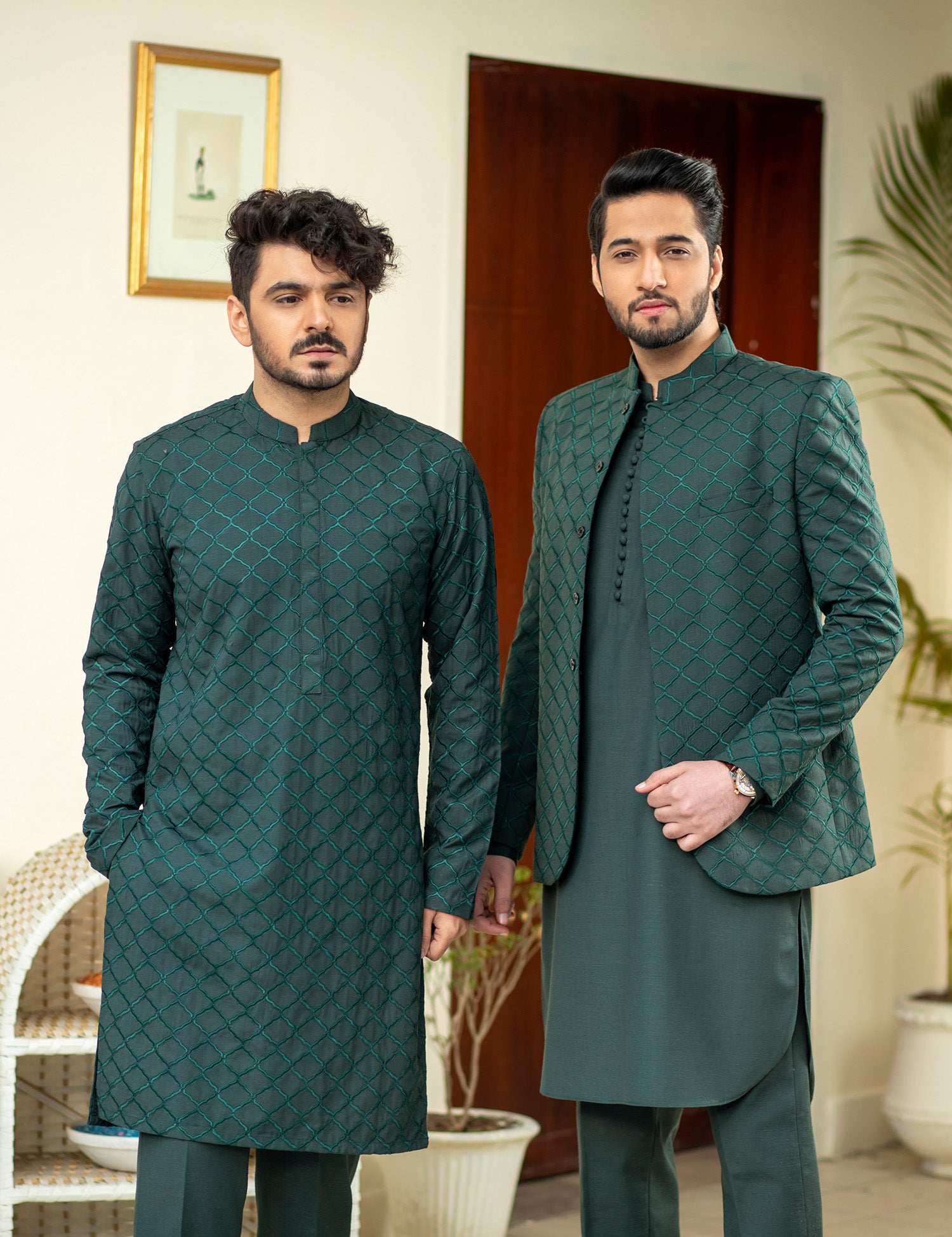 Deep Green Embroidered Wash & Wear Prince Coat (3-Piece) - Image 6