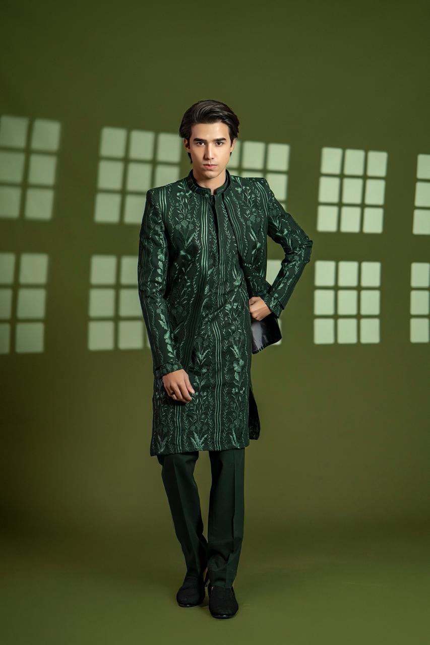 Rich Green Embroidered Wash & Wear Prince Coat (3-Piece) - Image 1