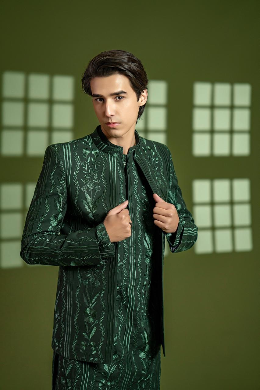Rich Green Embroidered Wash & Wear Prince Coat (3-Piece) - Image 2