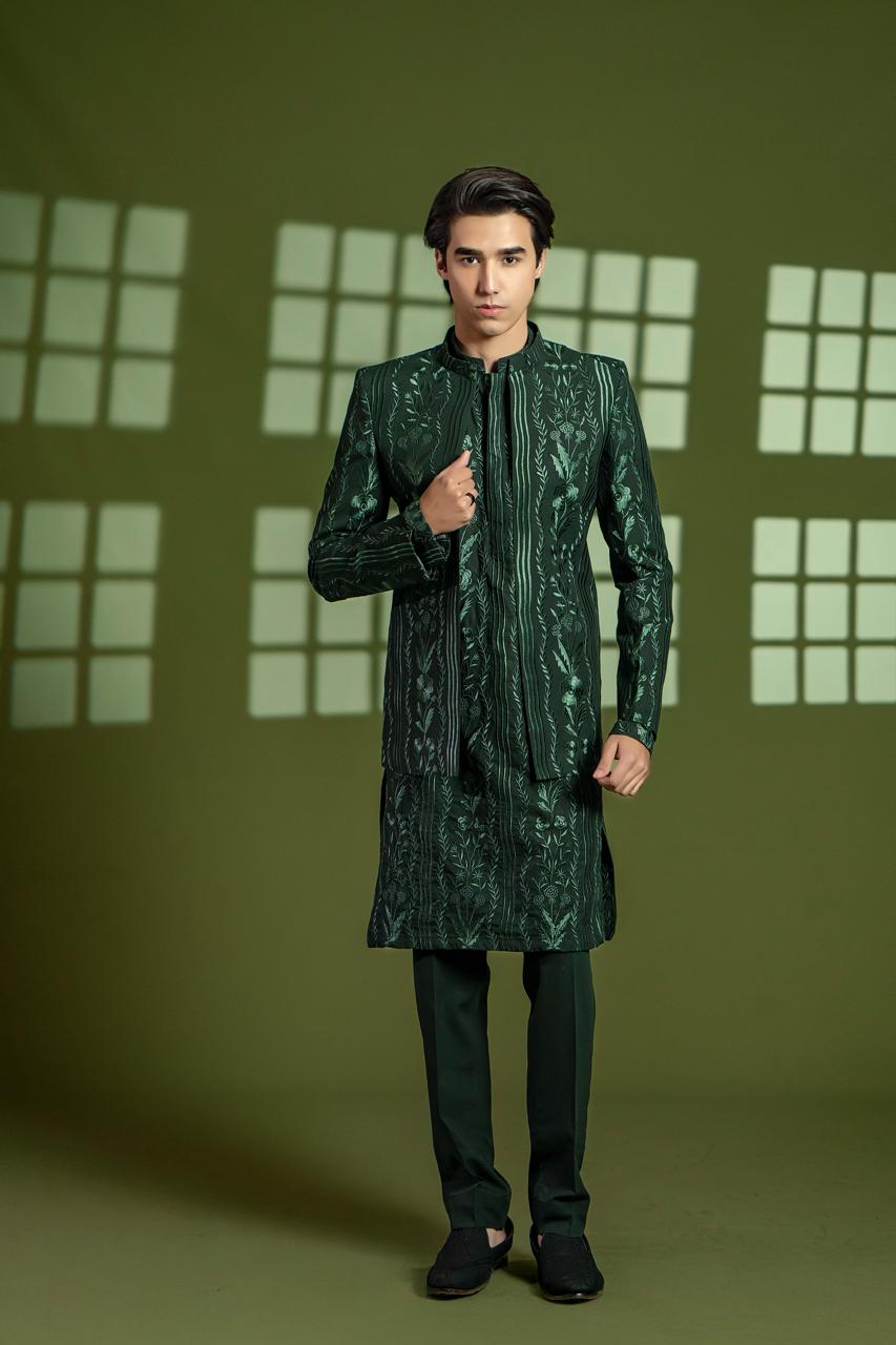 Rich Green Embroidered Wash & Wear Prince Coat (3-Piece) - Image 4