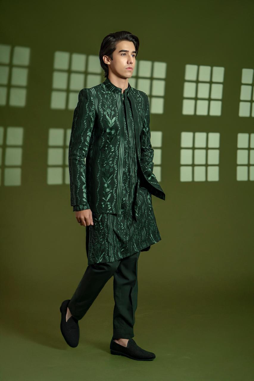 Rich Green Embroidered Wash & Wear Prince Coat (3-Piece) - Image 5