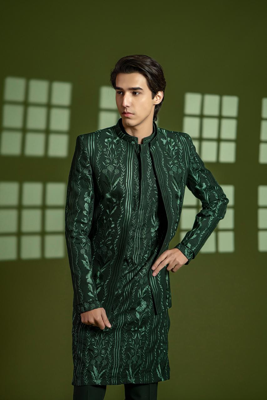 Rich Green Embroidered Wash & Wear Prince Coat (3-Piece) - Image 6