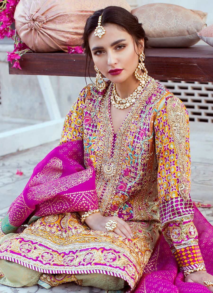 Mint and Fuchsia Embroidered Digital Kurta Set (3-Piece) - Image 3