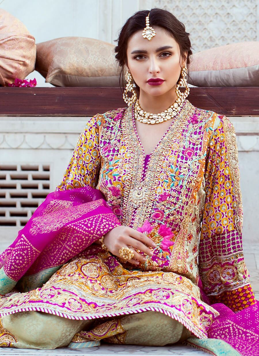 Mint and Fuchsia Embroidered Digital Kurta Set (3-Piece) - Image 4