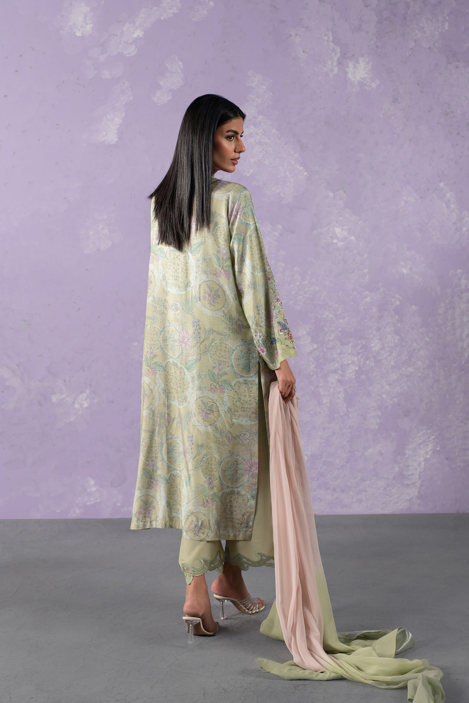 Pistachio Mint Hand-Embellished Silk Salwar Kameez (3-Piece) - Image 4
