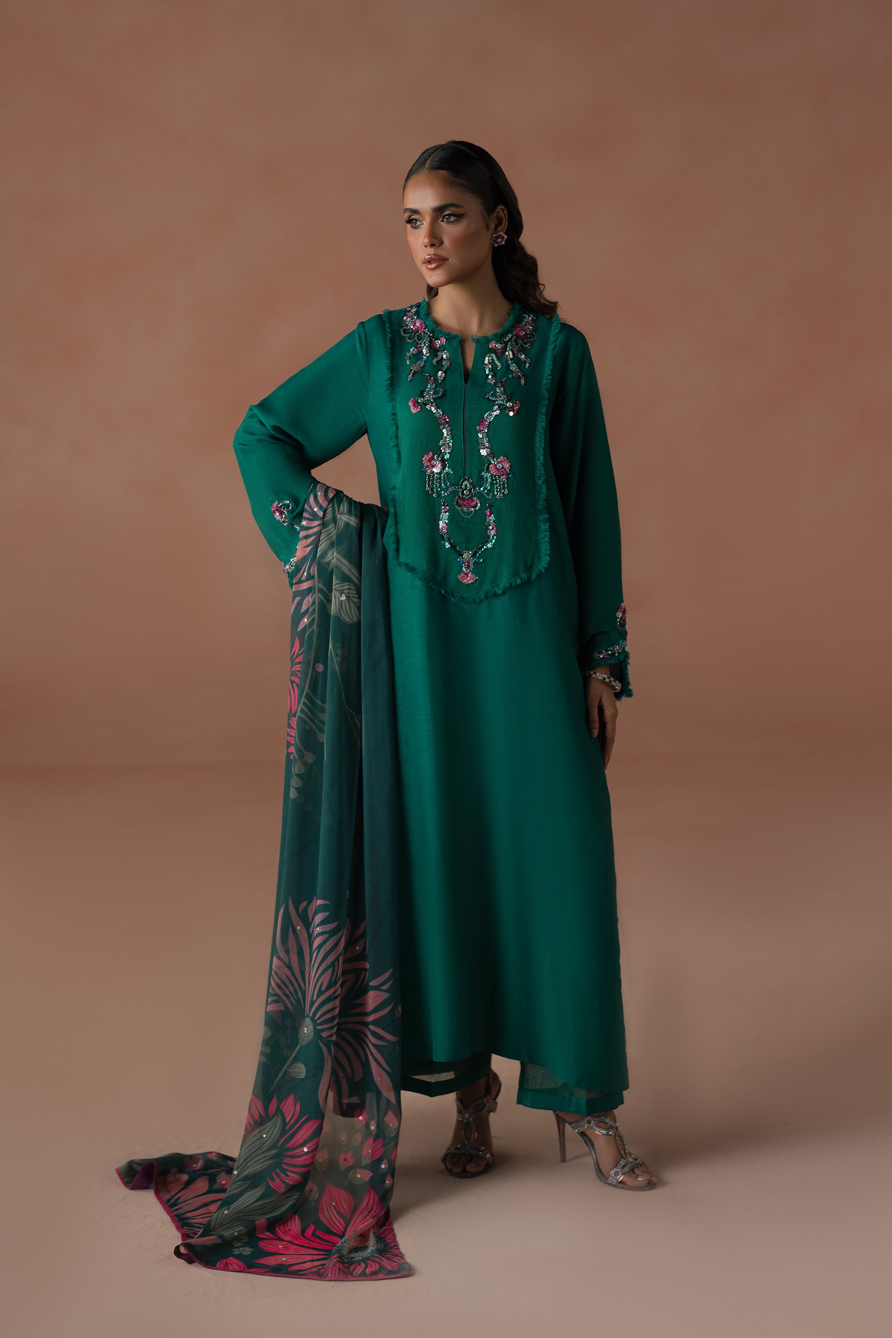 Pakistani Emerald Green Sequined Blended Raw Silk Salwar Kameez (3-Piece) - Image 1