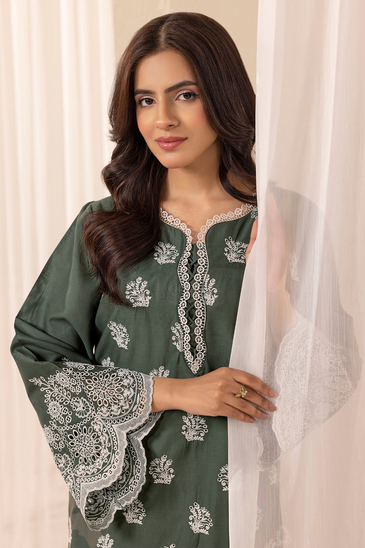 Pakistani Olive Green Schiffli Embroidered Cambric Lawn Shirt (1-Pc) - Image 2
