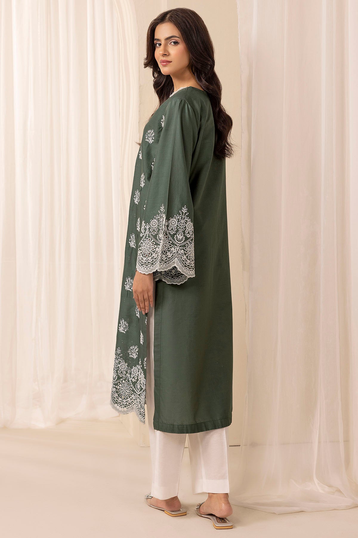 Pakistani Olive Green Schiffli Embroidered Cambric Lawn Shirt (1-Pc) - Image 3