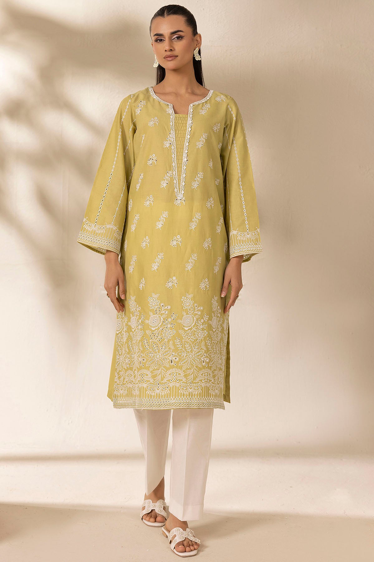 Lime Schiffli Embroidered Cambric Lawn Shirt (1-Pc) - Image 1
