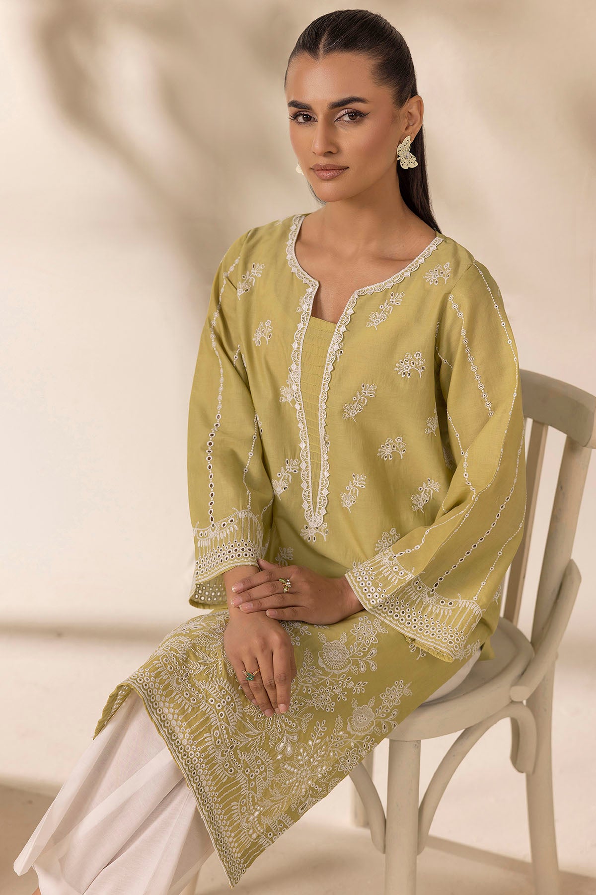 Lime Schiffli Embroidered Cambric Lawn Shirt (1-Pc) - Image 2