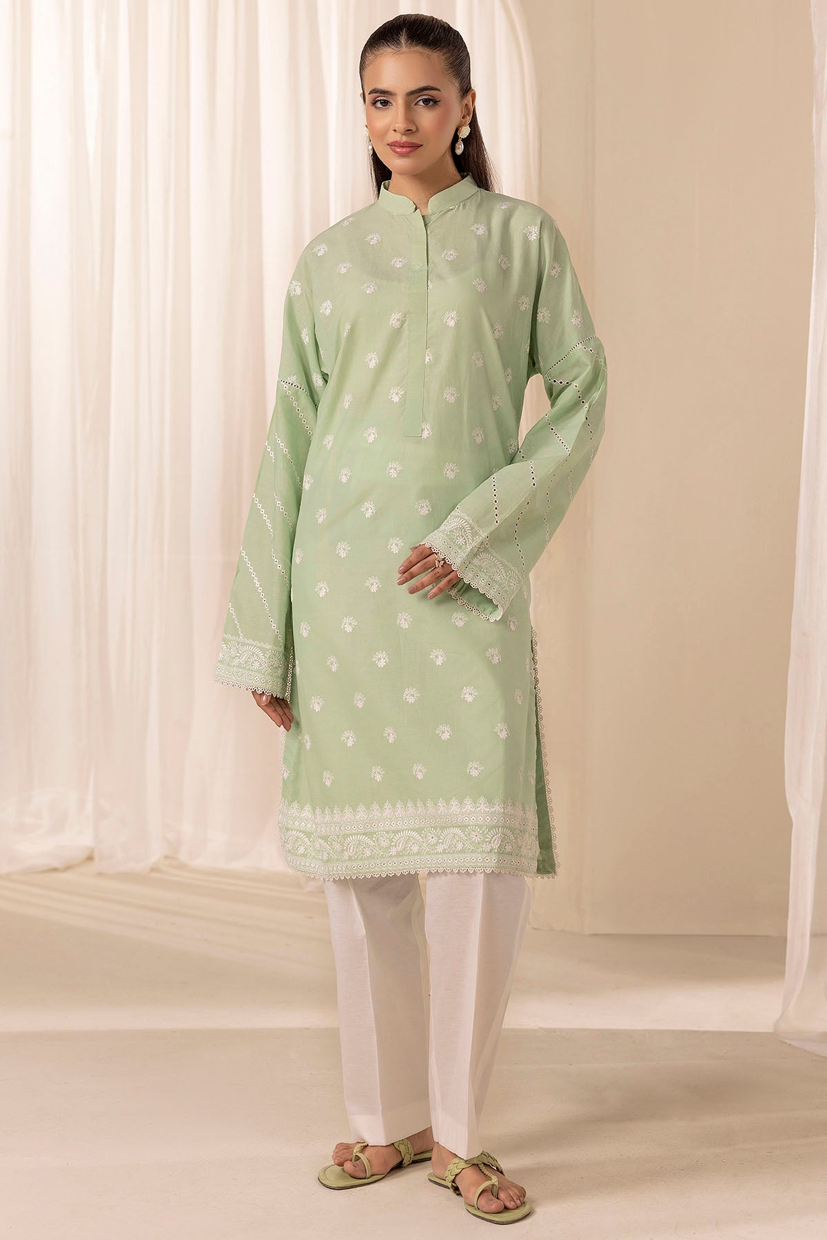 Mint Green Embroidered Cambric Lawn Kurta (1-Pc) - Image 1