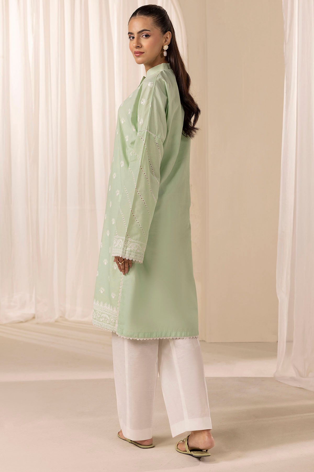 Mint Green Embroidered Cambric Lawn Kurta (1-Pc) - Image 2