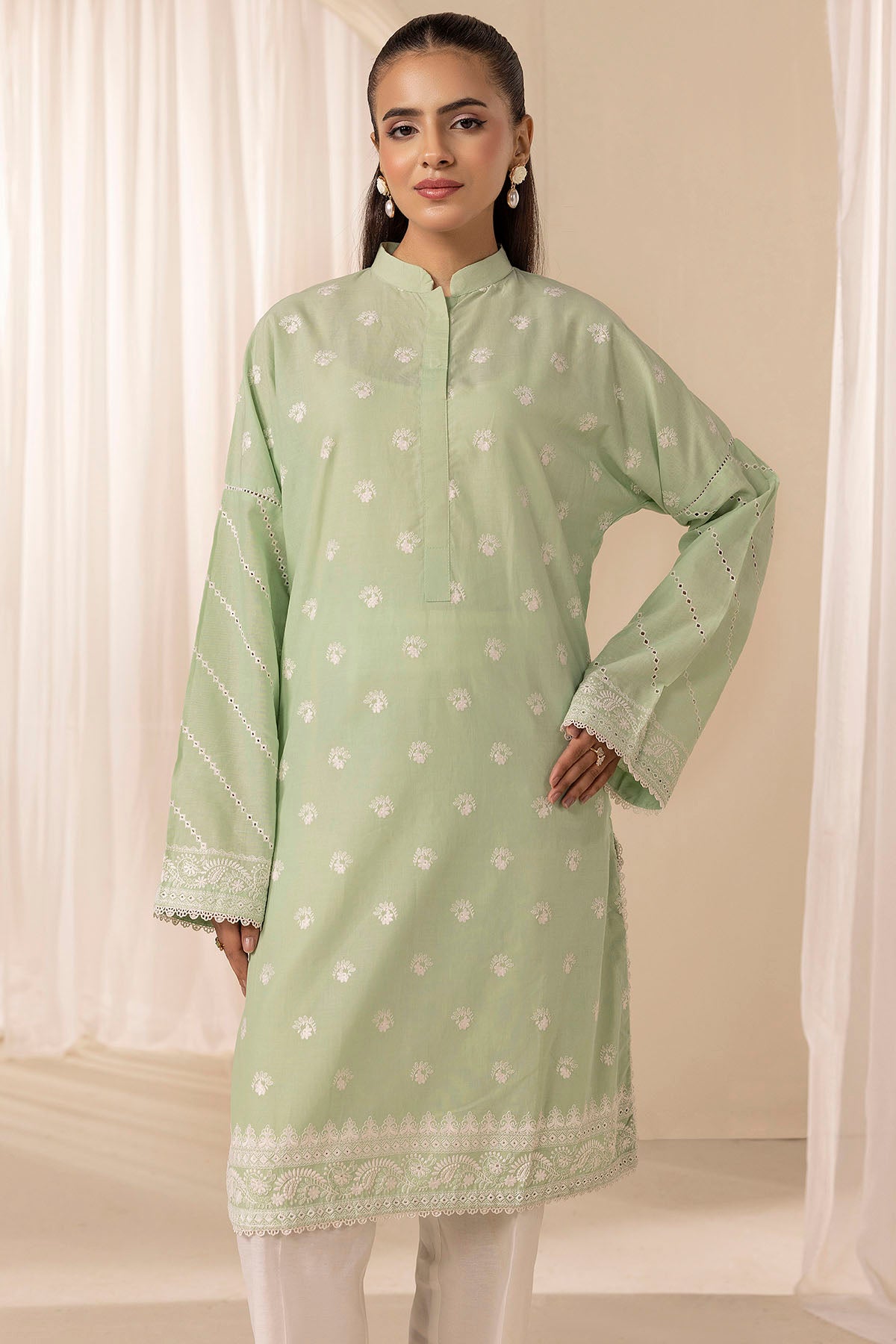 Mint Green Embroidered Cambric Lawn Kurta (1-Pc) - Image 3