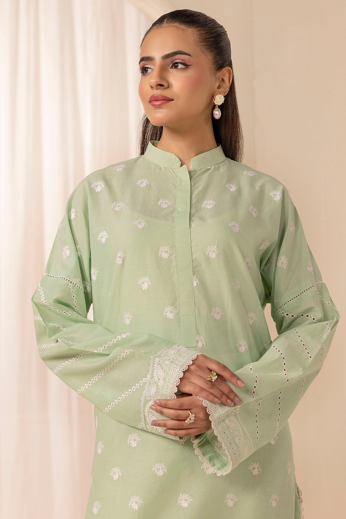 Mint Green Embroidered Cambric Lawn Kurta (1-Pc) - Image 5