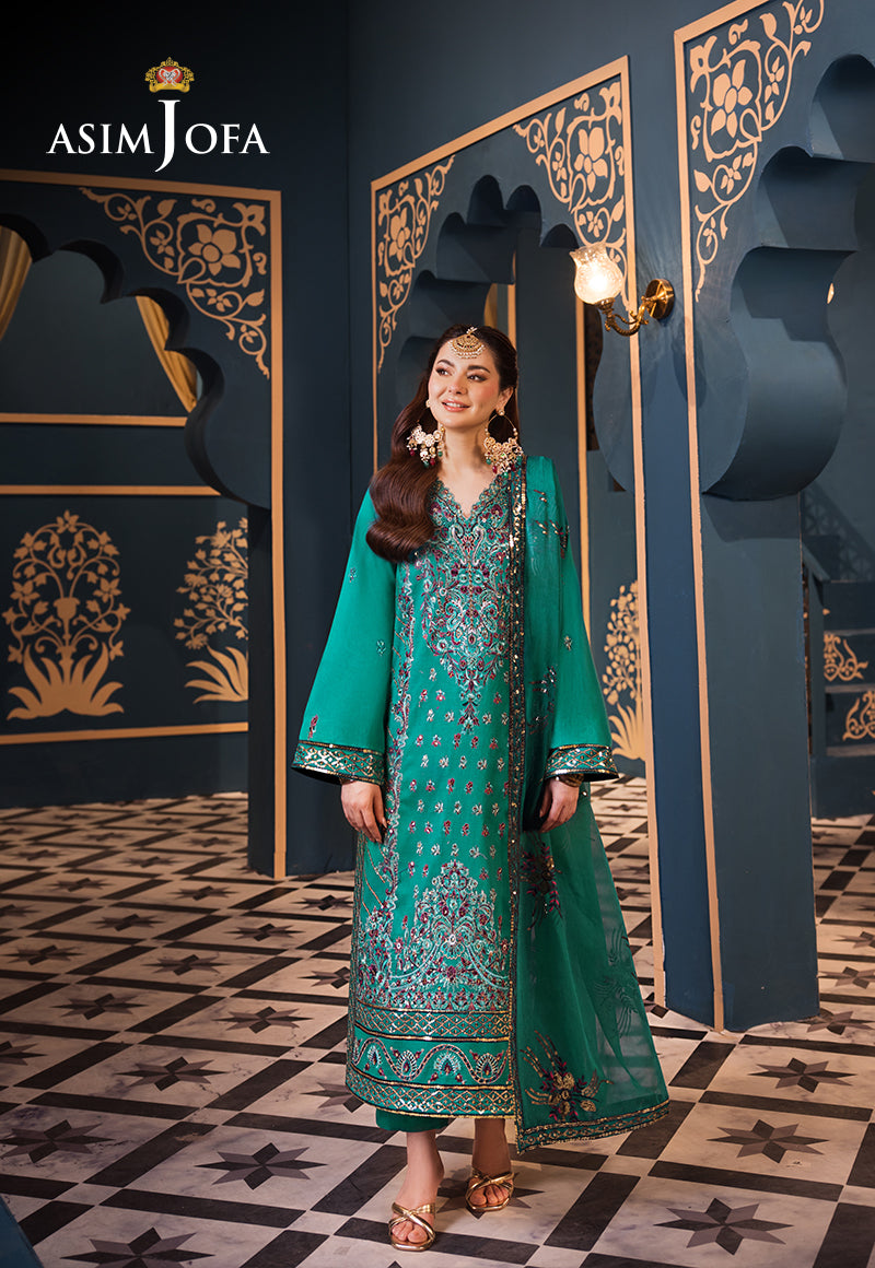 Sea Green Embroidered Cambric & Chiffon Salwar Kameez (3-Piece) - Image 1