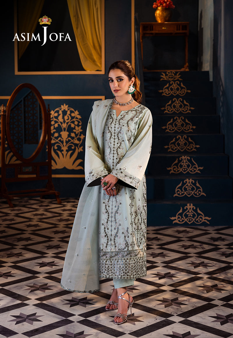 Pakistani Mint Green Embroidered Cambric & Chiffon Suit (3-Piece) - Image 1
