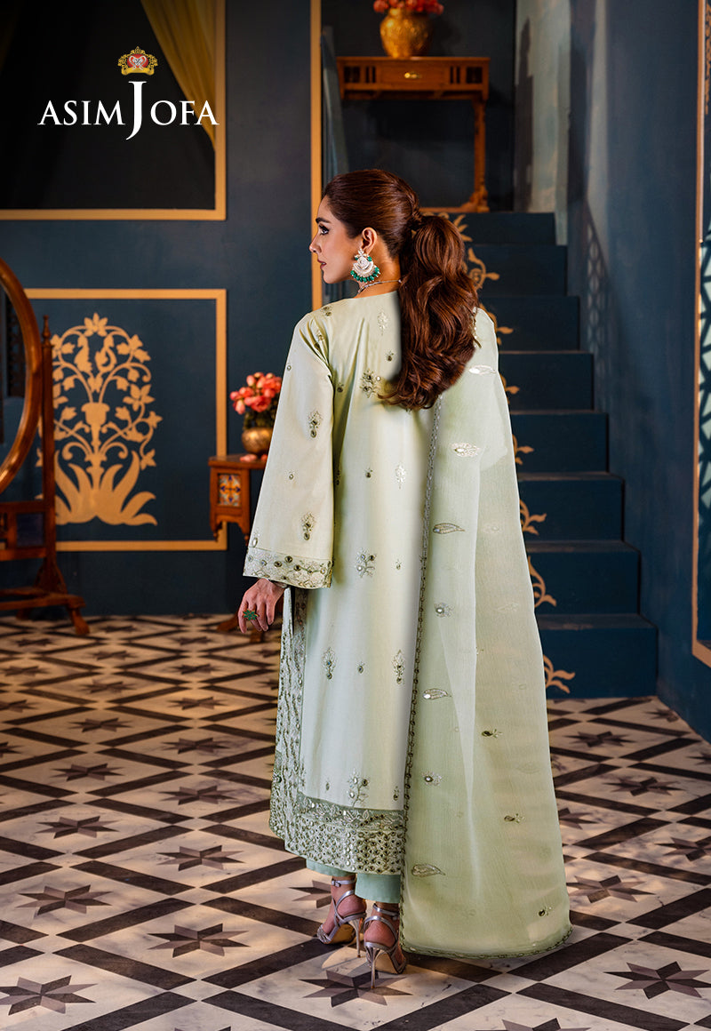 Pakistani Mint Green Embroidered Cambric & Chiffon Suit (3-Piece) - Image 2