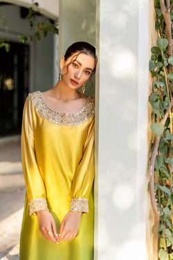 Pakistani Nude-Green Ombré Embellished Chamois Silk Salwar Kameez (2-Piece) - Image 1